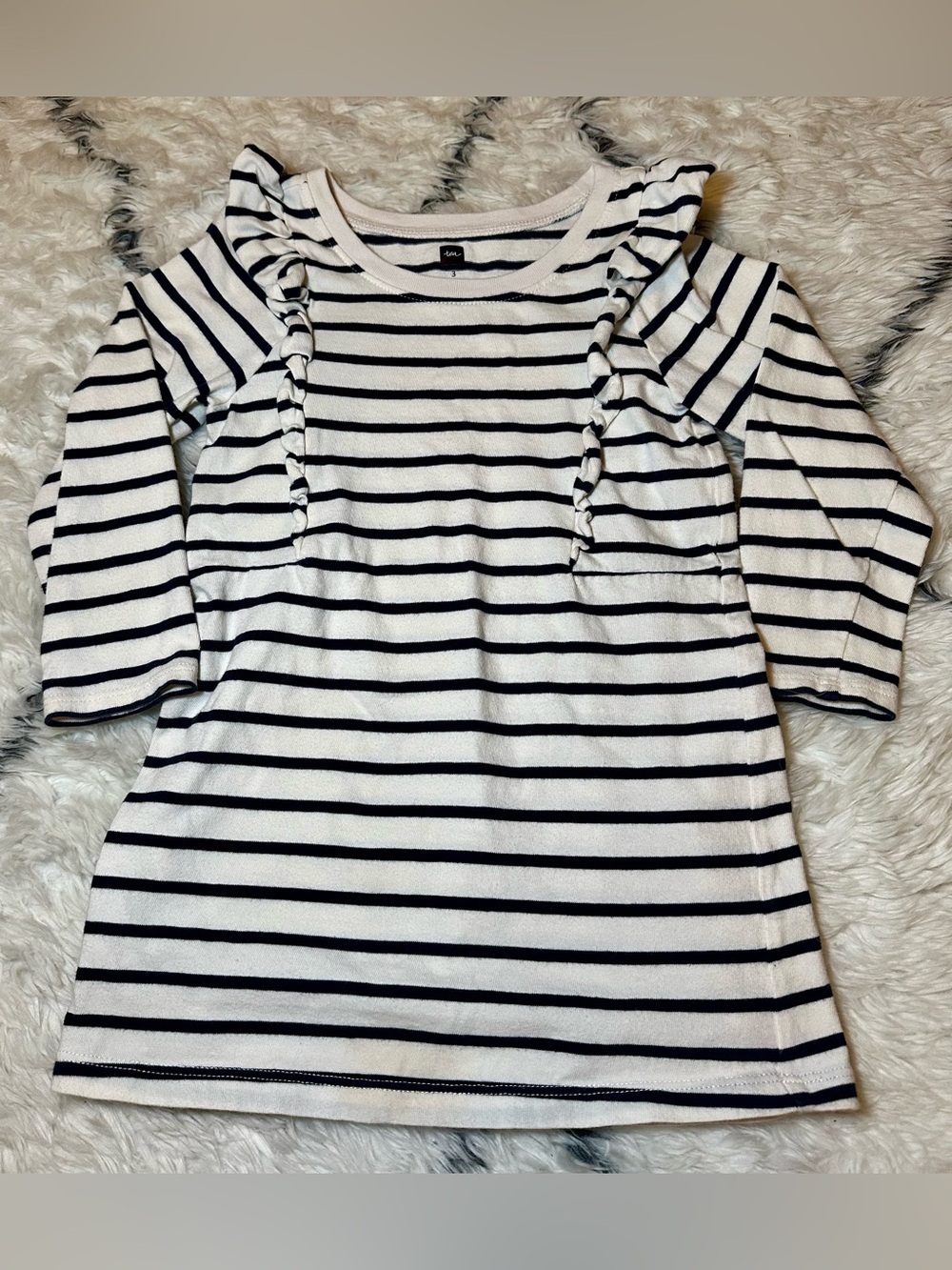 Tea Collection Black & White Striped Ruffle Shoulder Dress